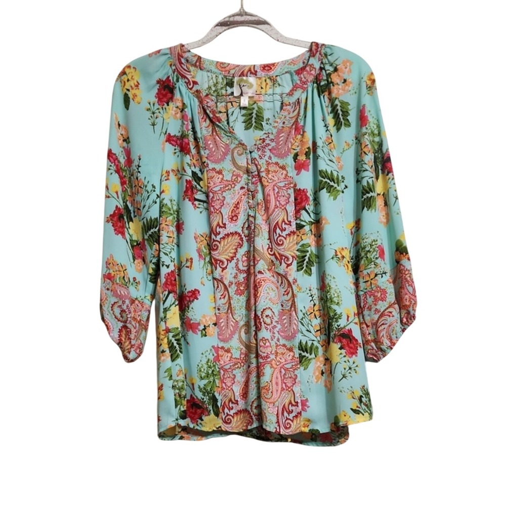 Fig and Flower Blouse Womens XL Mint Green Floral Paisley Split Neck Top CLA1112